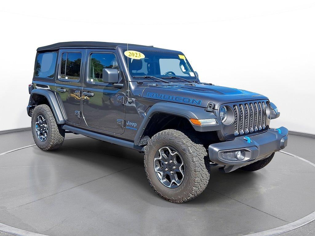 2023 Jeep Wrangler 4xe Rubicon 4x4 in Granite Crystal Metallic Clearcoat — front three-quarter view